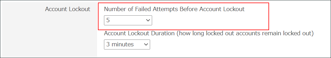 Screenshot: "Number of failed attempts before account lockout" is highlighted