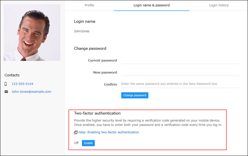 Screenshot: The option for the two-factor authentication is displayed